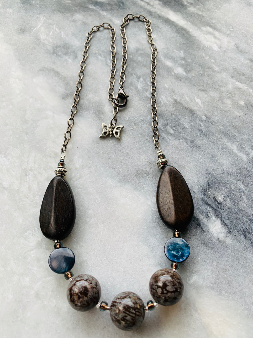 Grey-Brown Jasper Stone, Shell, Wood, Chain Necklace