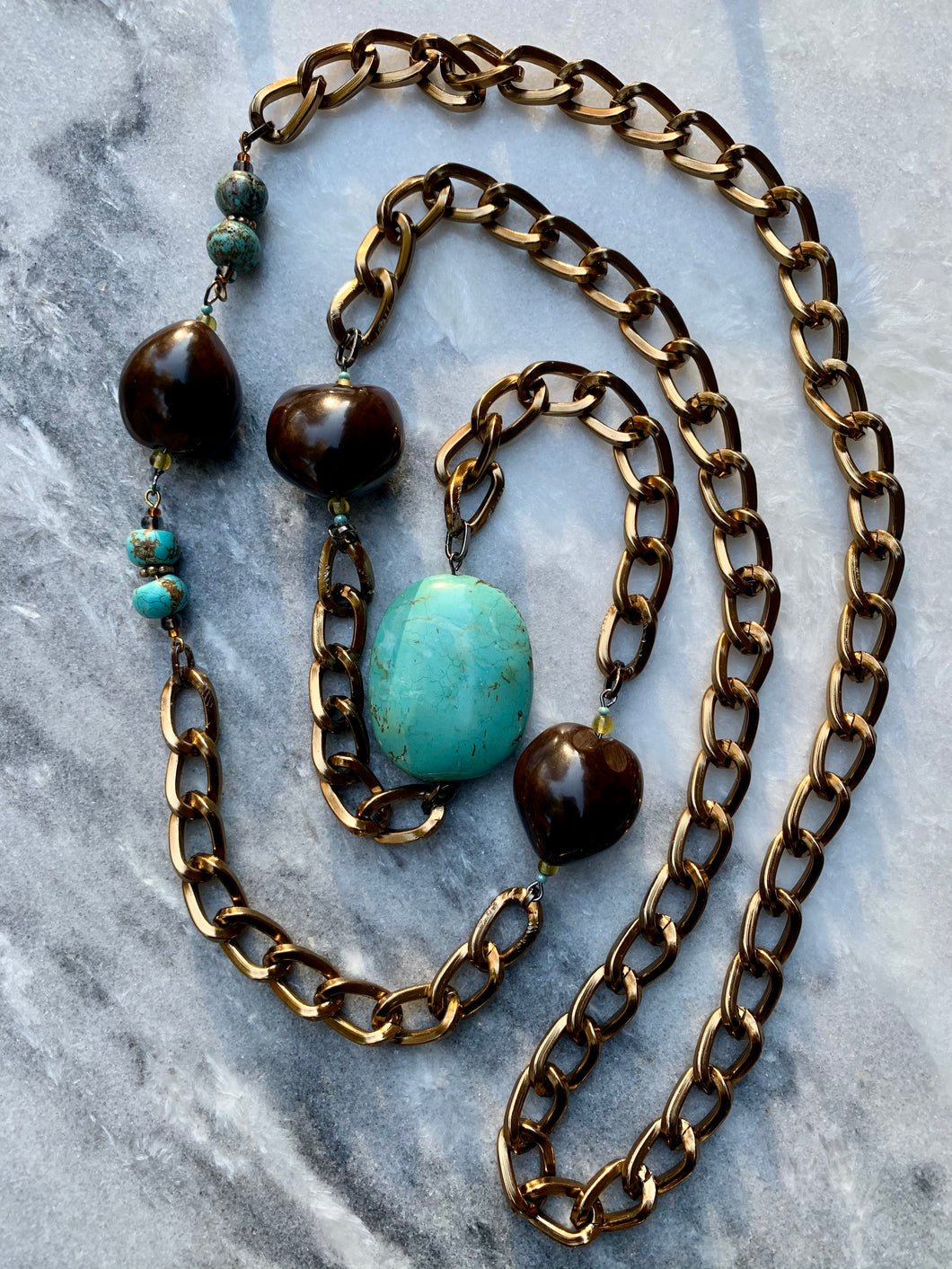 Howlite Turquoise, Brown Nut Shell, Antique Brass Plated Chain