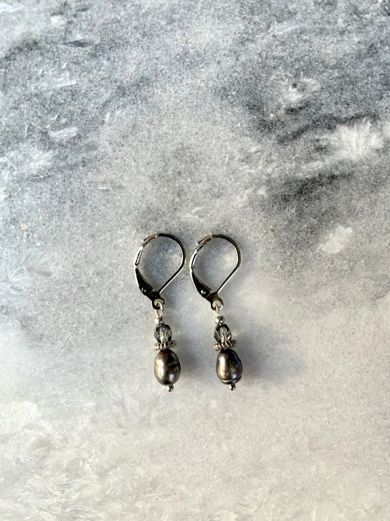 Steel Grey Fresh Water Pearl, Grey Swarovski Earrings