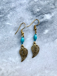 Gold Plated Antique Leaf, Blue Howlite Stone Earrings