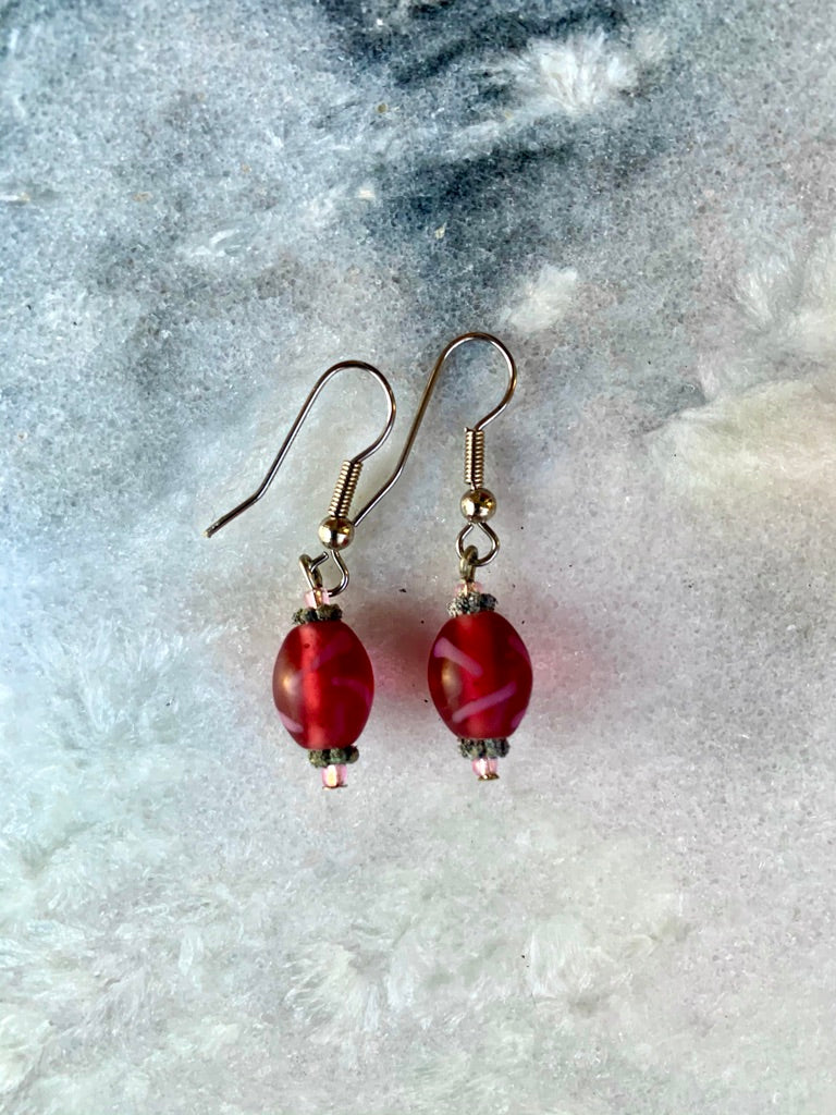 Cranberry Red Oval, White Swirl Glass Earrings