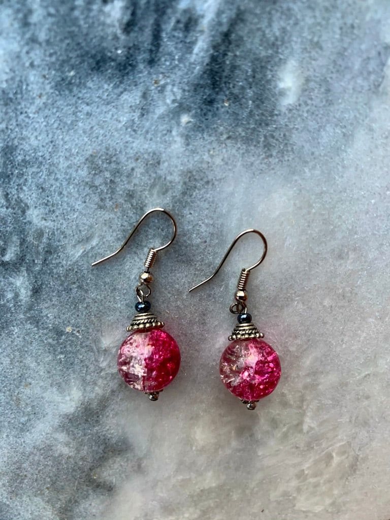 Fuschia Pink-Clear Ball Earrings
