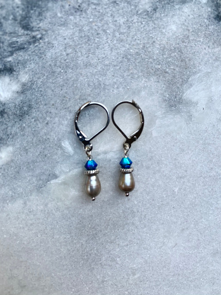 Steel Grey Fresh Water Pearl Teardrop, Blue Swarovski Crystal, Earrings