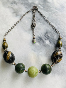 Green Chita Jasper Stone, Wood, Chain Necklace