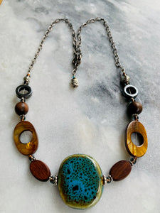Ceramic-Wood, Shell, Stone, Chain Necklace