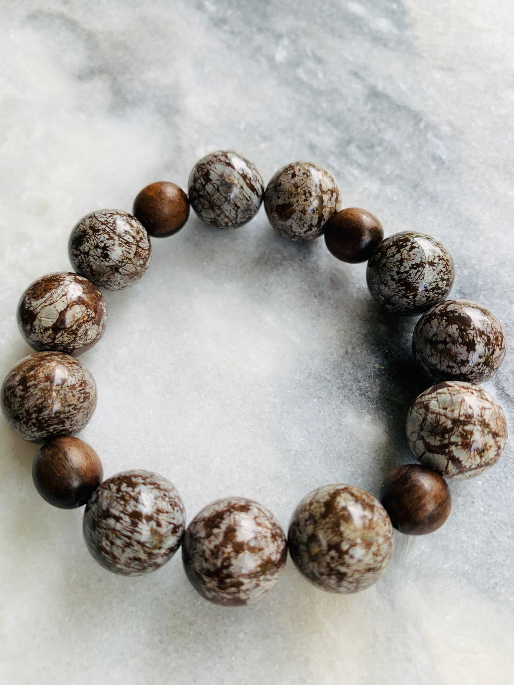 Coffee-Grey Obsidian Stone, Brown Maple Wood Bracelet