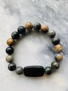 Multi-Colour Jasper Stone, Dark Brown Wood Bracelet