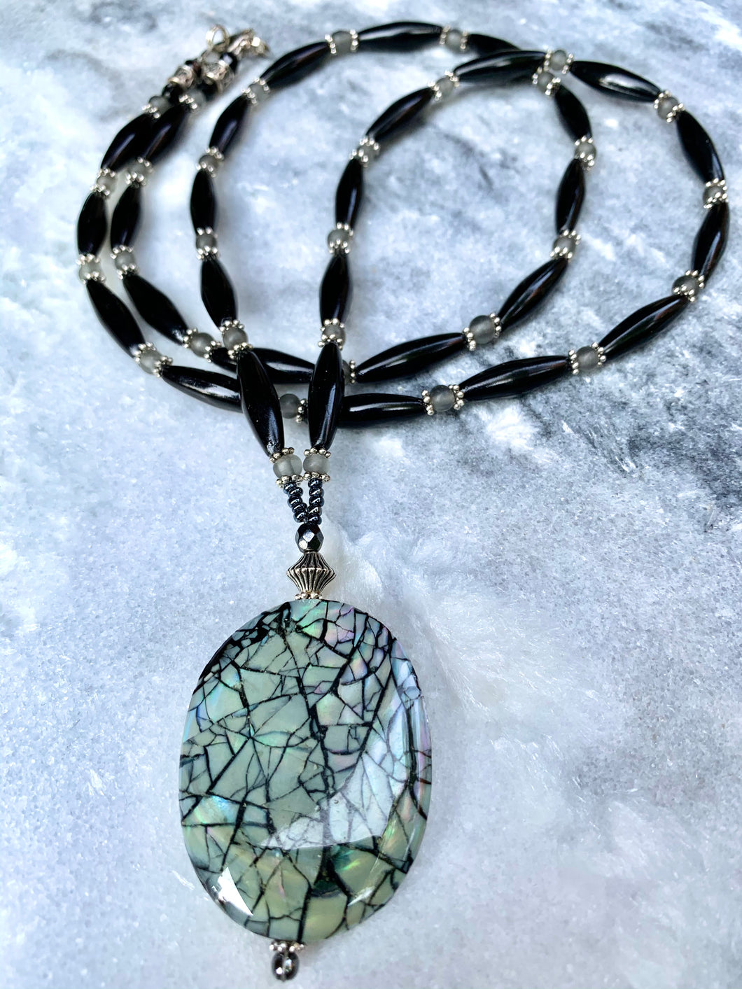 Paua Shell Pendant, long black bead Necklace