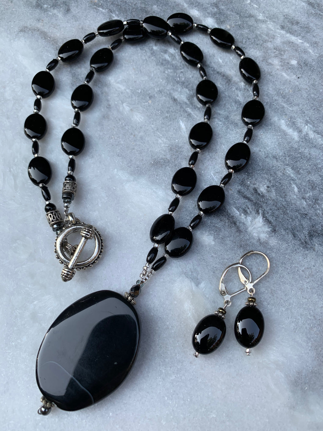 Black Sardonyx Stone Necklace and Black Oval Earrings