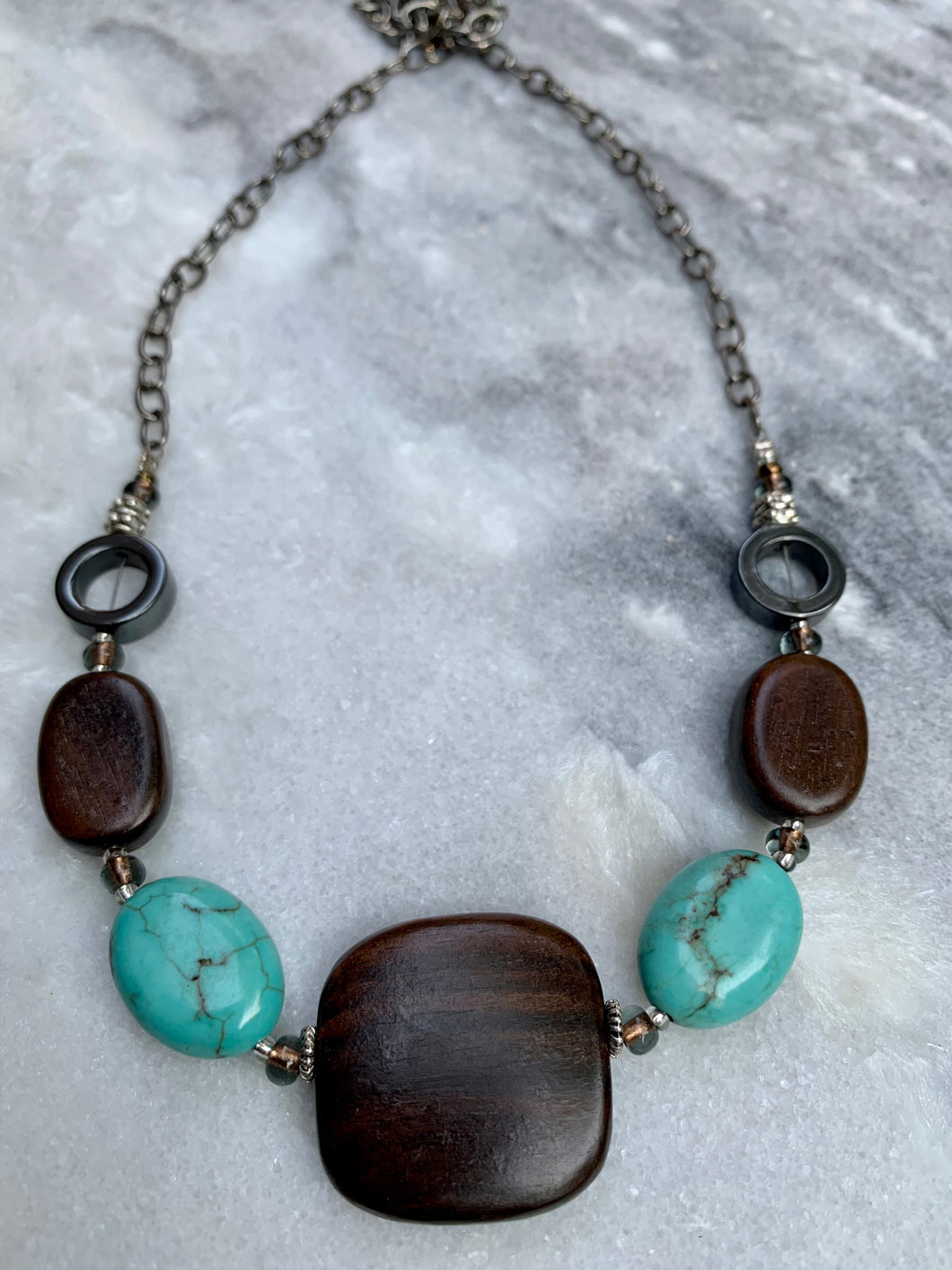 Turquoise, Wood, Hematite Stone Chain Necklace