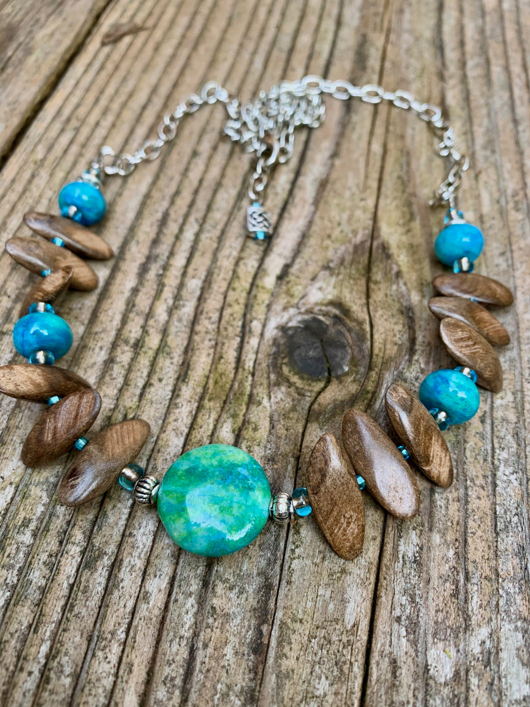 Blue-Green Amazonite Stone, Wood, Chain Necklace