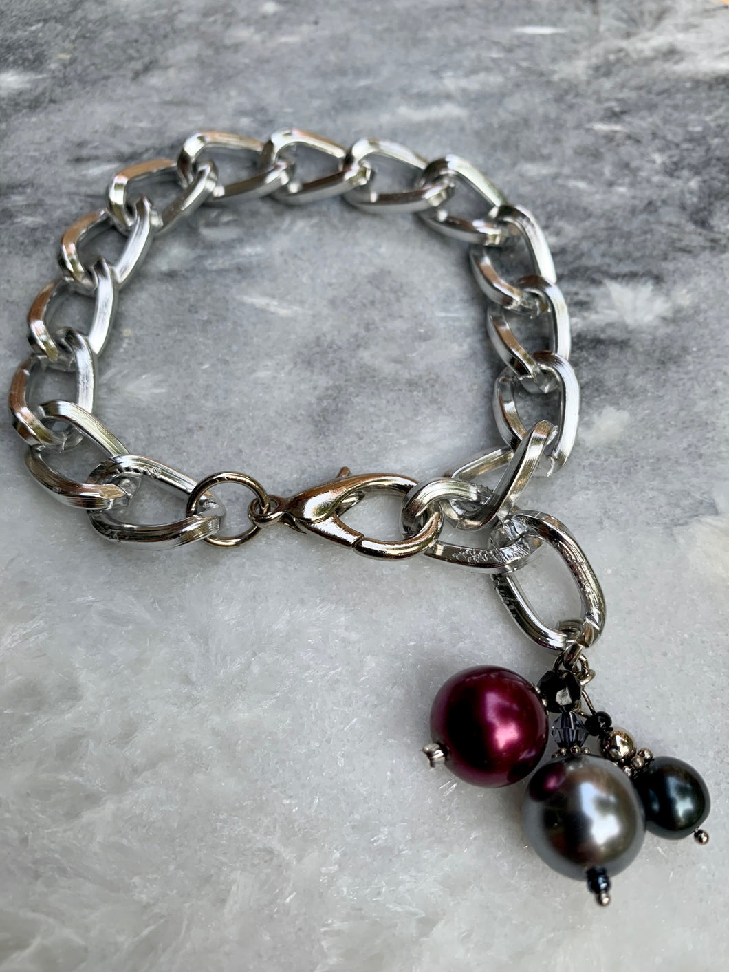 Cherry Red, Silver and Charcoal Faux Pearls, Illuminum Silver Plated Chain