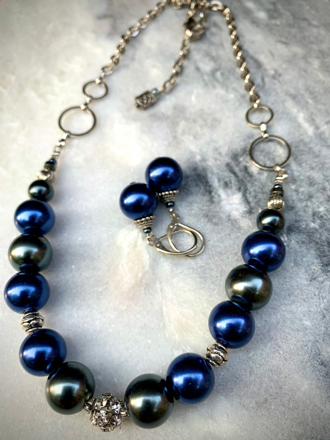 Cobalt Blue and Gray Ball, Crystal, Chain Necklace and Blue Earrings