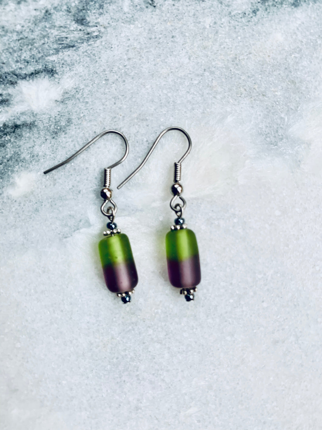 Green and Purple Cylinder Earrings