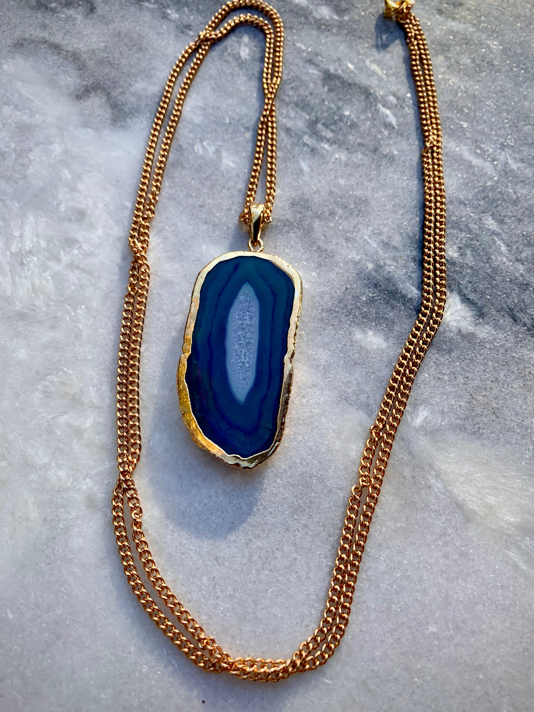 Blue Agate Pendant, Gold Plated Chain Necklace