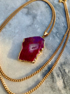 Magenta-White Agate Pendant, Gold Plated Chain