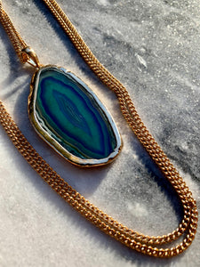 Blue-Green Agate Pendant, Gold Plated Chain Neckalce