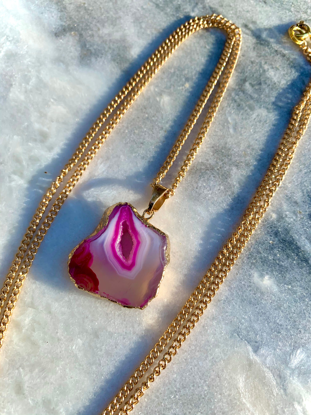 Magenta Agate Pendant, Gold Plated Chain