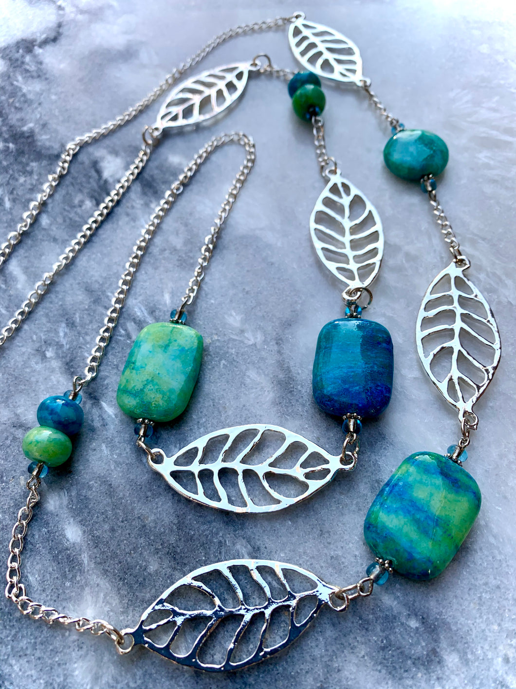 Blue-Green Amazonite Stones, Silver Leaf Chain Necklace and Chrysocolla Earrings