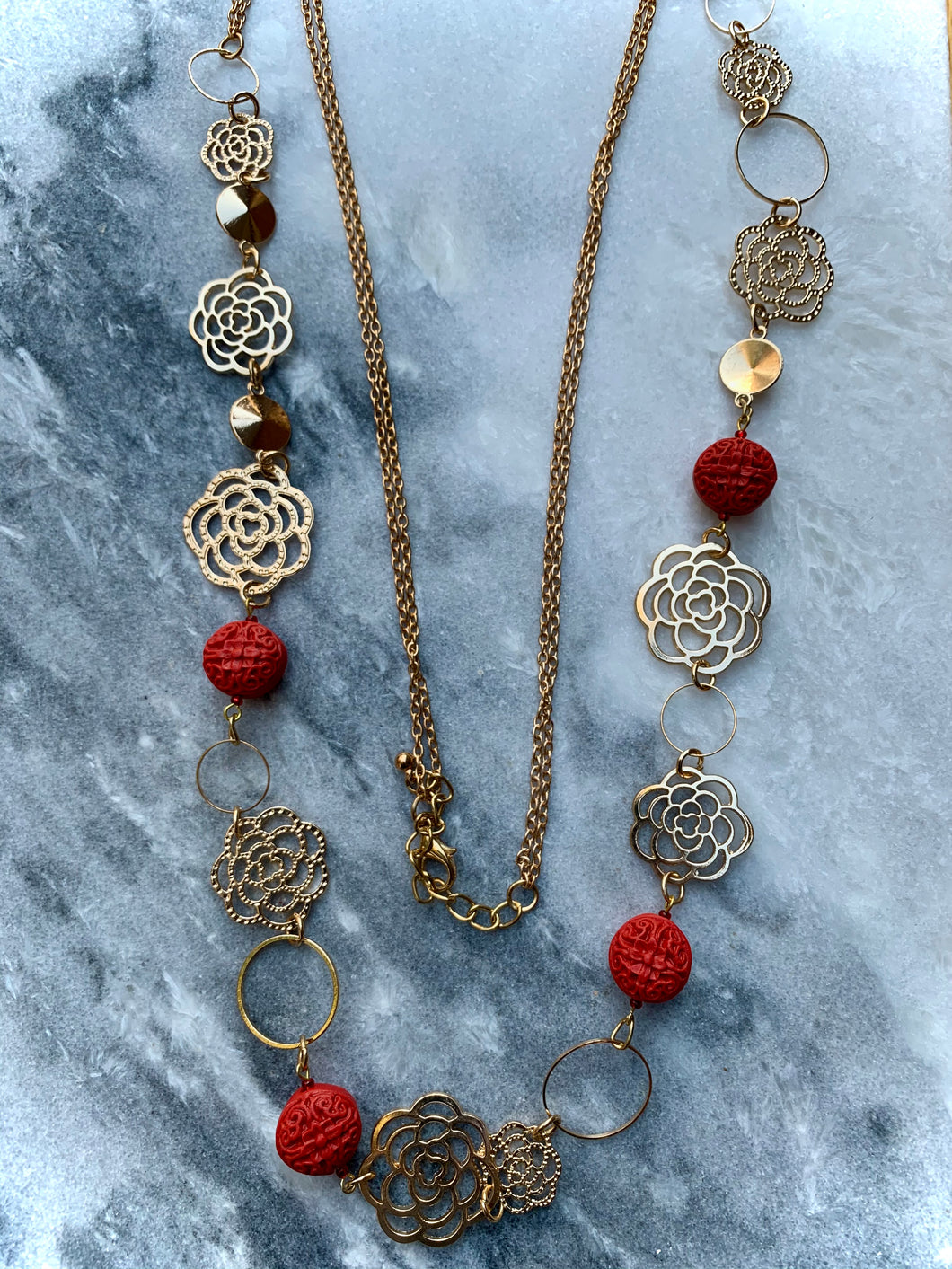 Cinnabar Stones, Gold Plated Flower Chain Necklace