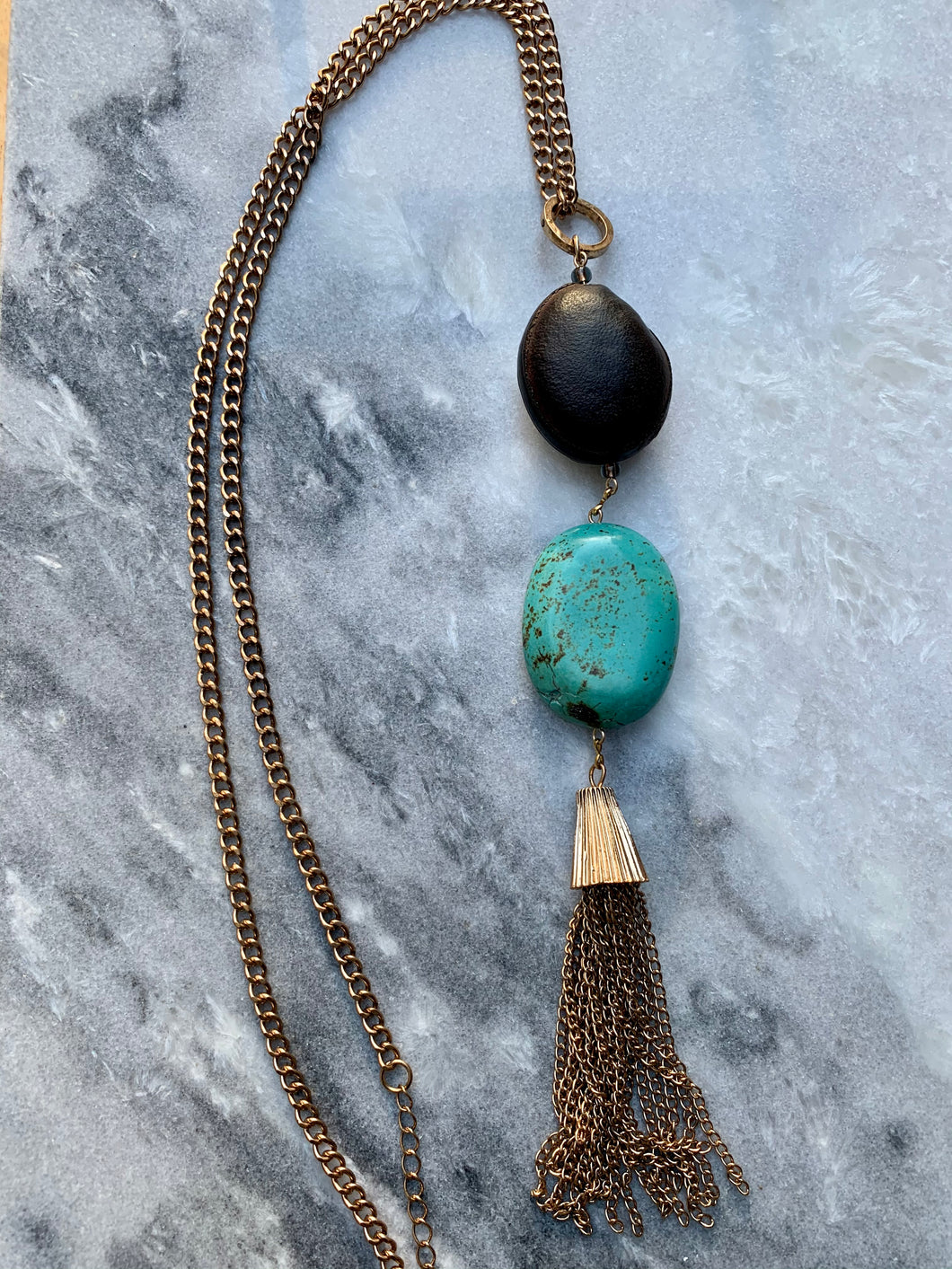 Howlite Turquoise Stone, Brown Nut Shell, Antique Brass Chain