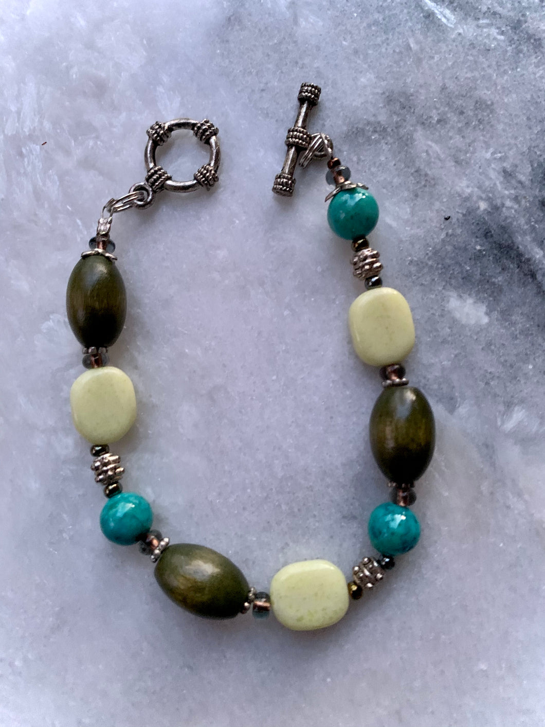 Blue Howlite Stone, Yellow Jade, Green Wood, Bracelet