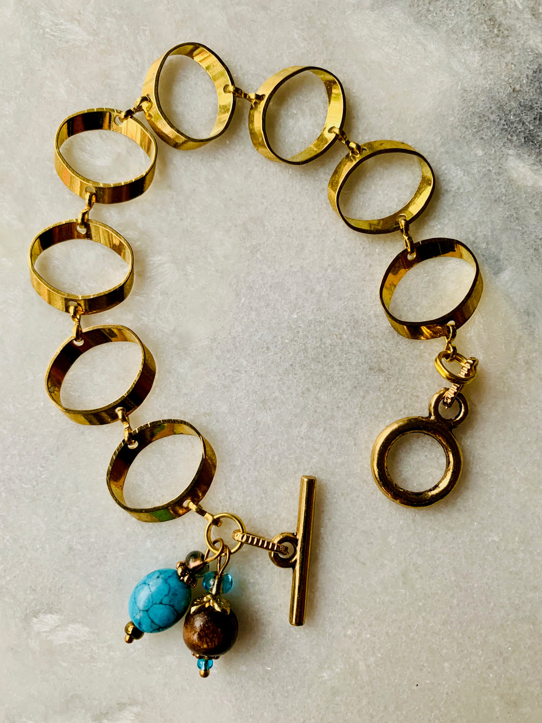 Blue Howlite and Brown Wood, Gold Oval Bracelet