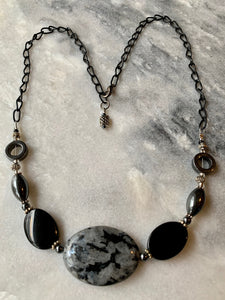 Labradorite Stone, Black Stone, Hematite Stone, Chain Necklace