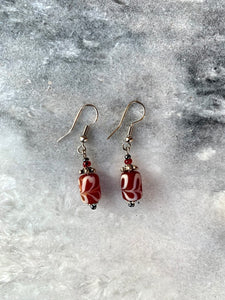 Cranberry Red and White Swirl Glass Earrings